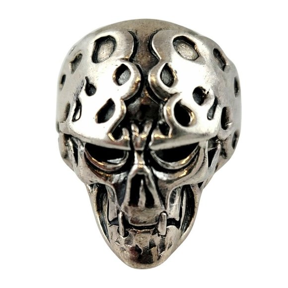 Men's Sterling Silver Flaming Skull Biker Ring - Picture 7 of 10